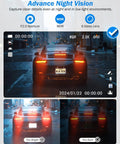 2.5K Front Inside And Rear Dash Cam capturing clear license plate at night with 32GB card, WDR, QHD, F2.0 aperture, and 6 glass lens.