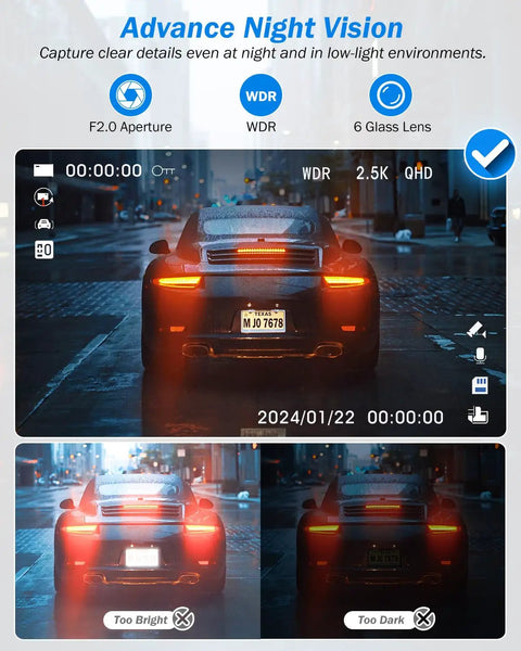 2.5K Front Inside And Rear Dash Cam capturing clear license plate at night with 32GB card, WDR, QHD, F2.0 aperture, and 6 glass lens.