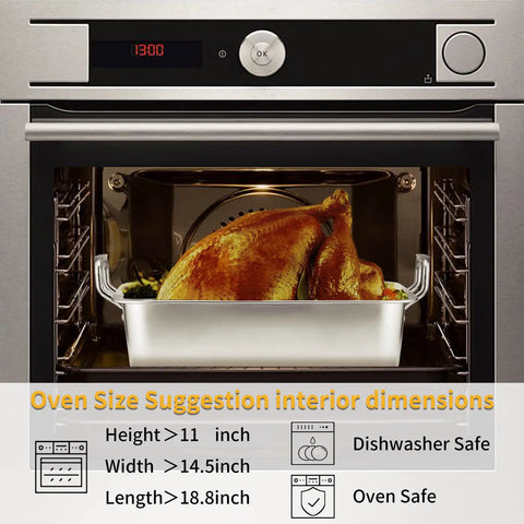 15 Inch Stainless Steel Roasting Pan With Cooling Rack For Juicy Turkey Chicken And Ham Roaster Includes V-Shaped Baking Rack And Nonreactive Metal For Healthy Cooking And Easy Cleanup with turkey inside oven
