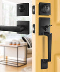 Matte Black Front Door Handle Set With Single Cylinder Deadbolt And Exterior Lever Lock For Home Or Office Modern Zinc Alloy Build Adjustable Latch For 1 3 8 To 1 3 4 Inch Doors Easy Install on open yellow door