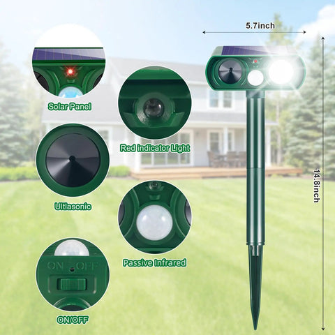 2 Pack Solar Ultrasonic Deer Repellent With Motion Sensor And Bright LED Strobe To Keep Deer Squirrels Raccoons Skunks Cats And Other Critters Off Your Yard IP65 Waterproof Outdoor Deterrent, 5.7 x 14.8 inch