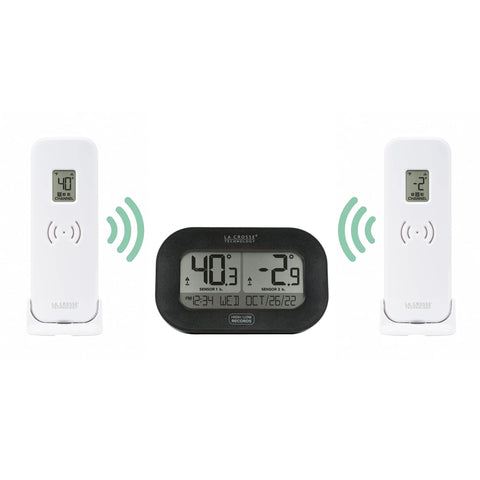 La Crosse wireless refrigerator/freezer thermometer with magnetic back, black display and two white sensors