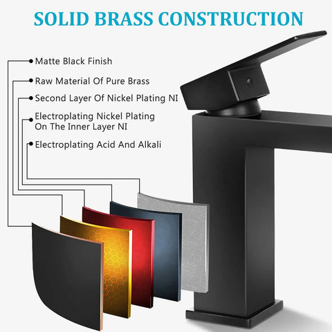 Matte Black Bathroom Faucet With Solid Brass Construction Single Lever Vanity Faucet Lead Free Includes Pop Up Drain And Water Supply Hoses