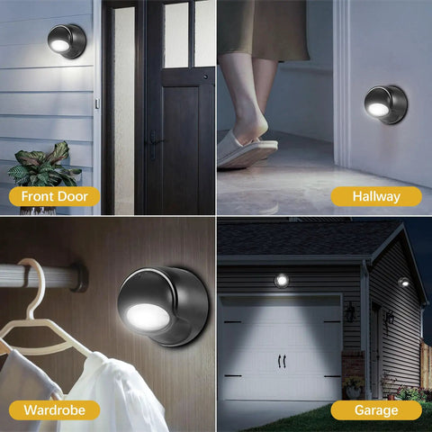Battery Powered Outdoor Motion Sensor Wall Light illuminating front door, garage, hallway, and wardrobe. Wireless LED, Waterproof 2 Pack.