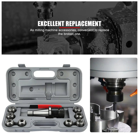 Durable NT40 ER32 CNC Milling Chuck Holder With 8 ER32 Collets And Wrench, all in one set, open case display next to CNC machine.