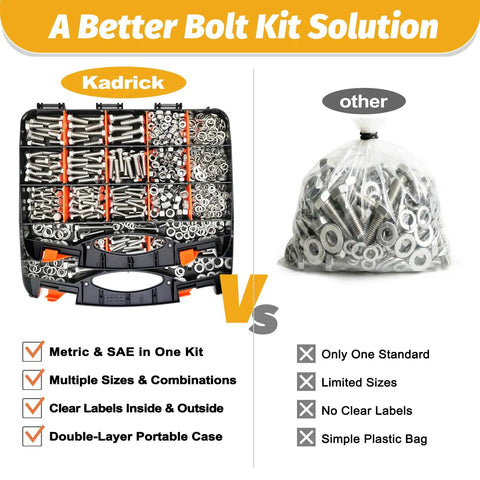 Side-by-side comparison of Badass 1240 Piece 304 Stainless Steel Hex Bolt Assorted Kit With Matching Nuts And Washers SAE And Metric Fasteners and a simple plastic bag of bolts.