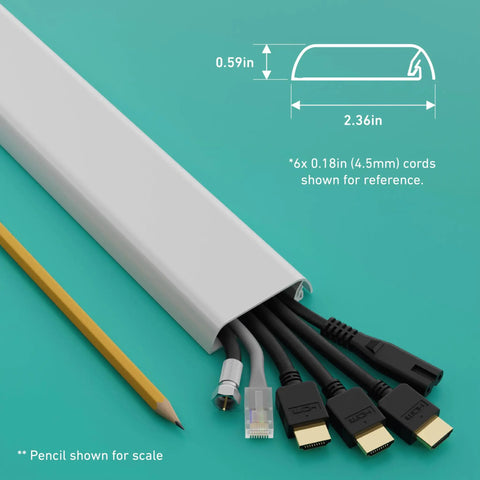 Slick Low Profile TV Wall Mount Cord Hider, Paintable Self Adhesive Cable Raceway with various cables, pencil for scale.