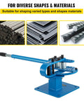 Beefy Manual Bender for 1 to 2 inch Round and Square Metal Bars with 7 Bending Dies, shown with metal bars and sheets