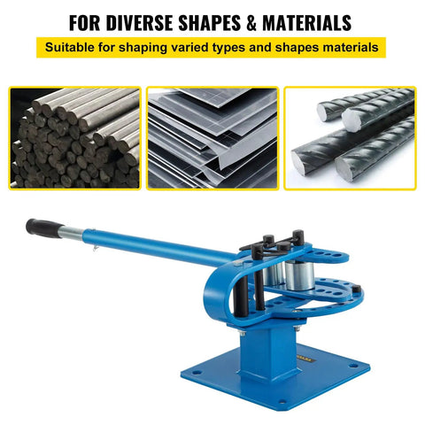 Beefy Manual Bender for 1 to 2 inch Round and Square Metal Bars with 7 Bending Dies, shown with metal bars and sheets