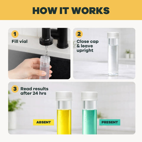 No Sweat At Home Bacteria Water Test Kit For Safe Drinking Water Screening shows steps for testing water results.