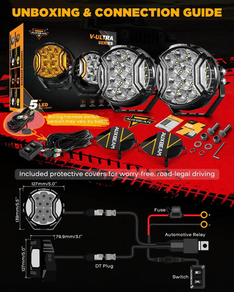 Unboxing of Side Shooter LED Light Bar, 5 Inch 172W Offroad Lights Pods 20400LM, Dual Color Amber DRL And Spotlight with accessories