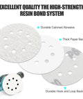 Kick Ass 100 Pc 5 Inch Sanding Discs With Hook And Loop For Orbital Sander Wood Metal Jobs 60 To 1000 Grit showing calcinated abrasive and hook and loop design.