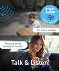 Image illustrating 4K WiFi IP Security Camera With Red And Blue Siren Lights, Motion Spotlight, License Plate And Face Capture, SecureAlert Ready, NVR Compatible, HD Video For Home Or Small Business Surveillance with 2-way audio feature, a man carrying a package, and a woman communicating on phone.
