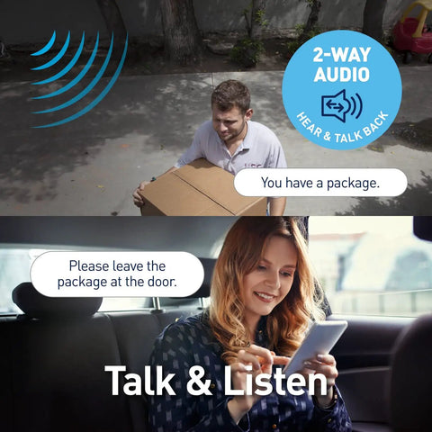 Image illustrating 4K WiFi IP Security Camera With Red And Blue Siren Lights, Motion Spotlight, License Plate And Face Capture, SecureAlert Ready, NVR Compatible, HD Video For Home Or Small Business Surveillance with 2-way audio feature, a man carrying a package, and a woman communicating on phone.