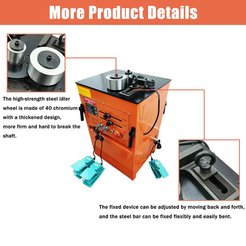 Heavy Duty Electric Rebar Bender And Cutter With 3 Foot Switch For 6 To 32 Mm Steel Rods, showing high-strength steel idler wheel and adjustable fixed device.