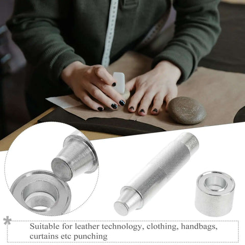 17mm Metal Eyelet Punch Tool Kit For Leather Craft Grommet Setter With Base displayed with user in leatherwork process