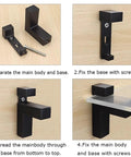Installation steps for heavy duty adjustable glass shelf brackets in chrome finish with zinc alloy supports for 3-28 mm shelves.