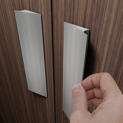Self-Adhesive Edge Fingerpull Door Handle installed on wood surface, demonstrating screwless peel and stick design, 2 pack.