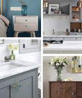 Six Pack Iridescent Abalone Mosaic Cabinet Knobs With Black Base on kitchen cabinets, bathroom vanities, dressers.
