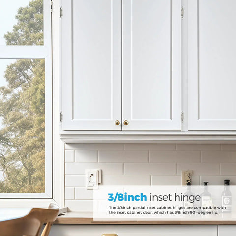 Heavy Duty Satin Nickel Self Closing Cabinet Hinges, 3/8 Inch Overlay, 50 Pack With All Included Mounting Screws And Quiet Bumpers, Rock Solid Soft Close Hardware For No Fuss Kitchen Renovations on white cabinets.