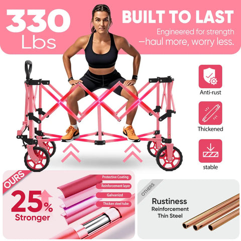 Pink Collapsible Wagon With Heavy Duty Frame 330 Lb Capacity Big All Terrain Wheels And Large 29 In L X 18 In W X 14 In H Storage Foldable Utility Cart With Drink Holders For Groceries Haul Tools Beach Gear, highlighting anti-rust and strength features.