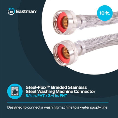 10 Foot Washing Machine Hose Connector With 3/4 In FHT X 3/4 In FHT Ends, Braided Stainless Steel Line, close-up view with connectors