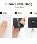 Clean, Press, Hang process for Heavy Duty Black Adhesive Wall Hooks Peel And Stick Hangers No Mess Quick Install for Entryway.
