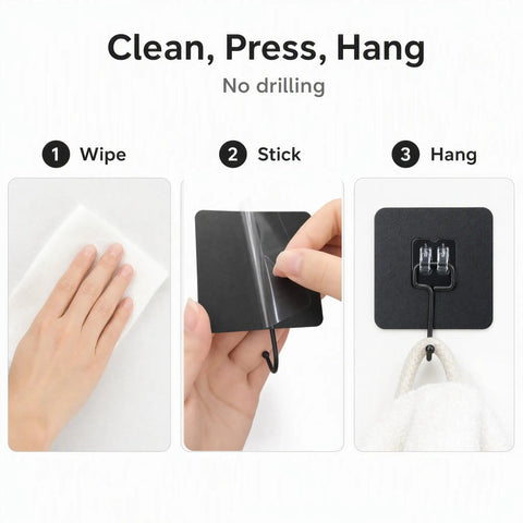 Clean, Press, Hang process for Heavy Duty Black Adhesive Wall Hooks Peel And Stick Hangers No Mess Quick Install for Entryway.