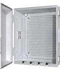 Ventilated Outdoor Electrical Junction Box Built To Last With Cable Grommets And Mounting Plate, Hinged Cover For Easy Access, Indoor And Outdoor Use, IP65 Waterproof, Grey Cover, 13 By 13 By 5.1 Inches showing internal view.