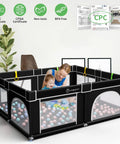 Mother and toddler in Big Baby Playpen 71x59 Inch With Gate with soft breathable mesh, surrounded by colorful balls indoors.