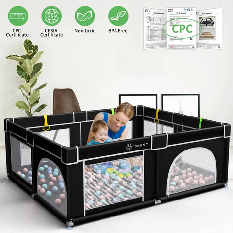 Mother and toddler in Big Baby Playpen 71x59 Inch With Gate with soft breathable mesh, surrounded by colorful balls indoors.