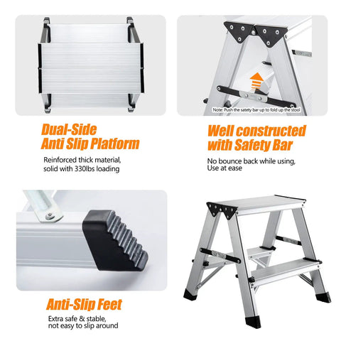 Dual-side anti-slip platform on Two Step Folding Stool For Home And Garage, lightweight aluminum ladder with safety bar, non-slip feet.