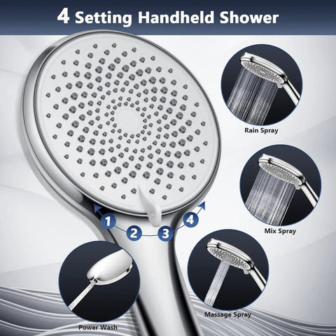 High Pressure Rain Shower Head 10 Inch With Handheld Combo showing 4 settings: Power Wash, Rain Spray, Mix Spray, Massage Spray.