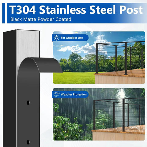 Built Tough 42 Inch Modular Cable Railing Corner Post For Deck And Porch Projects featuring black matte powder coated T304 stainless steel.