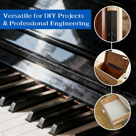 4 Pack 12 Inch Continuous Piano Hinges Heavy Duty Rust Resistant 304 Stainless Steel shown on soft-close cabinet projects.