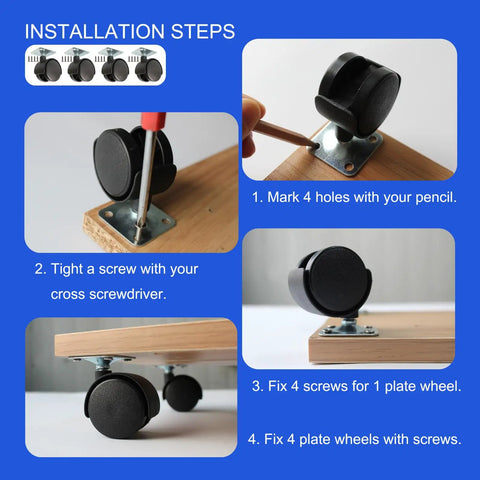 Installation steps for 1.5 Inch Caster Wheels Replacement Set 4 Pack Universal Small Swivel Rollers for Furniture.