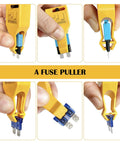 24V Automotive Blade Fuse Tester And Puller For Car Circuit Breakers ATR ATO ATC ATM Reset Tool yellow plastic, hands removing blade fuses