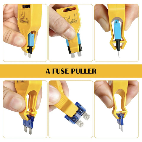 24V Automotive Blade Fuse Tester And Puller For Car Circuit Breakers ATR ATO ATC ATM Reset Tool yellow plastic, hands removing blade fuses