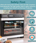 Top Shelf Food Dehydrator With Six Stainless Steel Trays, Built Tough Digital Timer And Adjustable Temp Control, Zero Hassle BPA Free Mesh Screens For Making Gourmet Jerky, Dried Fruit And Homemade Dog Treats with safety features.