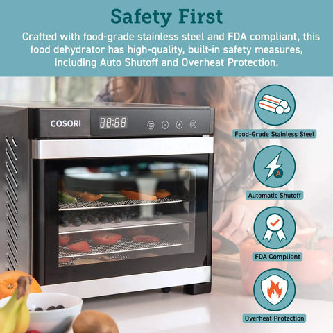 Top Shelf Food Dehydrator With Six Stainless Steel Trays, Built Tough Digital Timer And Adjustable Temp Control, Zero Hassle BPA Free Mesh Screens For Making Gourmet Jerky, Dried Fruit And Homemade Dog Treats with safety features.