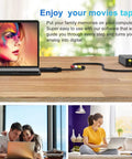 USB 2 Point 0 Video Capture Card For Streaming And VHS To Digital Conversion connected to laptop with images of users digitizing video.
