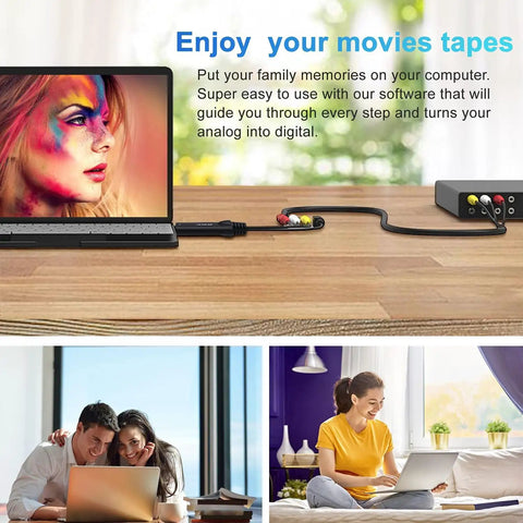 USB 2 Point 0 Video Capture Card For Streaming And VHS To Digital Conversion connected to laptop with images of users digitizing video.