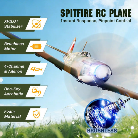 Brushless 4 Channel Spitfire Fighter RC Plane 500mm with 6 Axis Gyro XPilot Stabilizer, detailed features display
