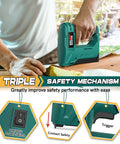 Cordless Electric Staple Gun For Wood With T50 Staples and USB Charger being used on a wooden surface, showing safety features.