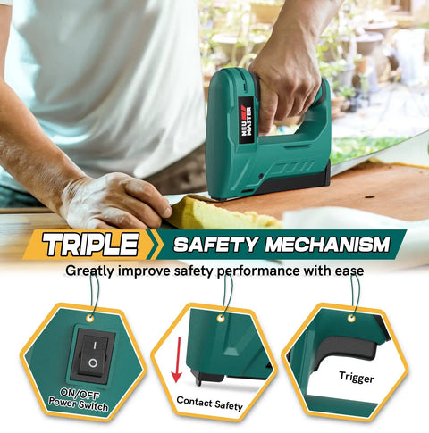 Cordless Electric Staple Gun For Wood With T50 Staples and USB Charger being used on a wooden surface, showing safety features.