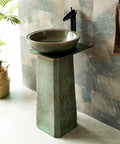 Slick Ceramic Pedestal Vessel Sink With Plug And Play Faucet Combo Super High Gloss Finish Easy Wipe Down Surface Floor Standing Vanity Basin For Dreamy Bathroom Renovations in green with black faucet.