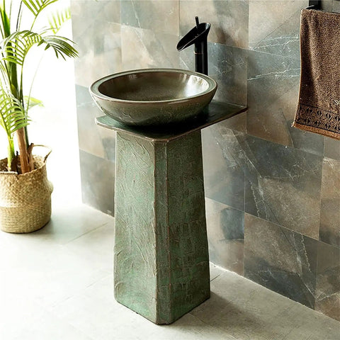 Slick Ceramic Pedestal Vessel Sink With Plug And Play Faucet Combo Super High Gloss Finish Easy Wipe Down Surface Floor Standing Vanity Basin For Dreamy Bathroom Renovations in green with black faucet.