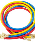 Three Piece 5 Foot AC Manifold Gauge Hose Kit For R404A R12 R502 Refrigerants, red, yellow, blue hoses coiled with brass fittings