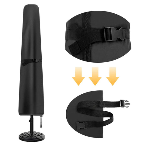 Waterproof Patio Umbrella Cover For 7 To 9 Ft Outdoor Market Parasol With Push Rod No Fuss Heavy Duty 210D Oxford Fabric showing buckles