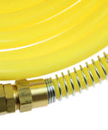 Close-up of yellow N12-50B Coiled Nylon Air Hose, Half Inch ID, Fifty Foot Length, with brass swivel fittings, heavy duty